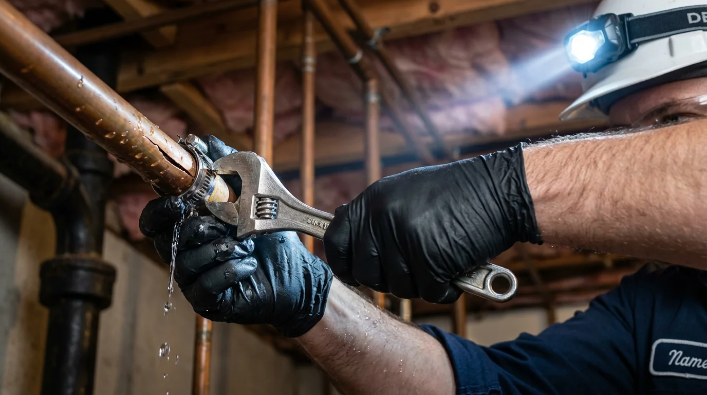 Emergency pipe clamp repair being performed by a Johns Plumbing LLC plumber in Edgerton