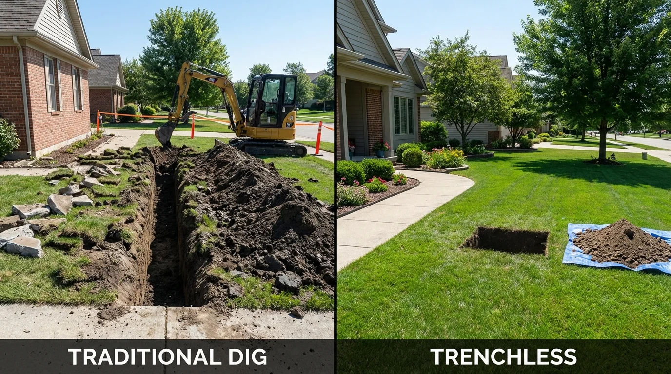 Trenchless sewer repair with minimal yard damage versus traditional excavation in Edgerton, KS