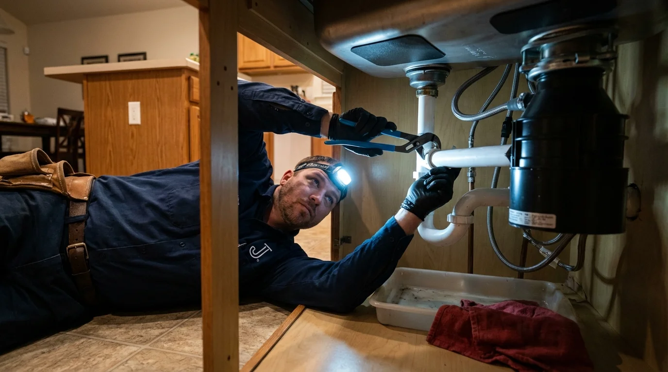 P-trap and supply line connections under a kitchen sink showing a common leak point in Edgerton, KS